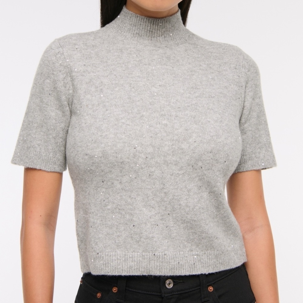 Abercrombie & Fitch Light Grey Sequin Mockneck Sweater Tee - Picture 2 of 8